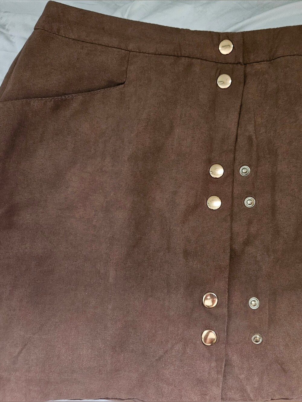 Brown Button-Front Suede Mini Skirt